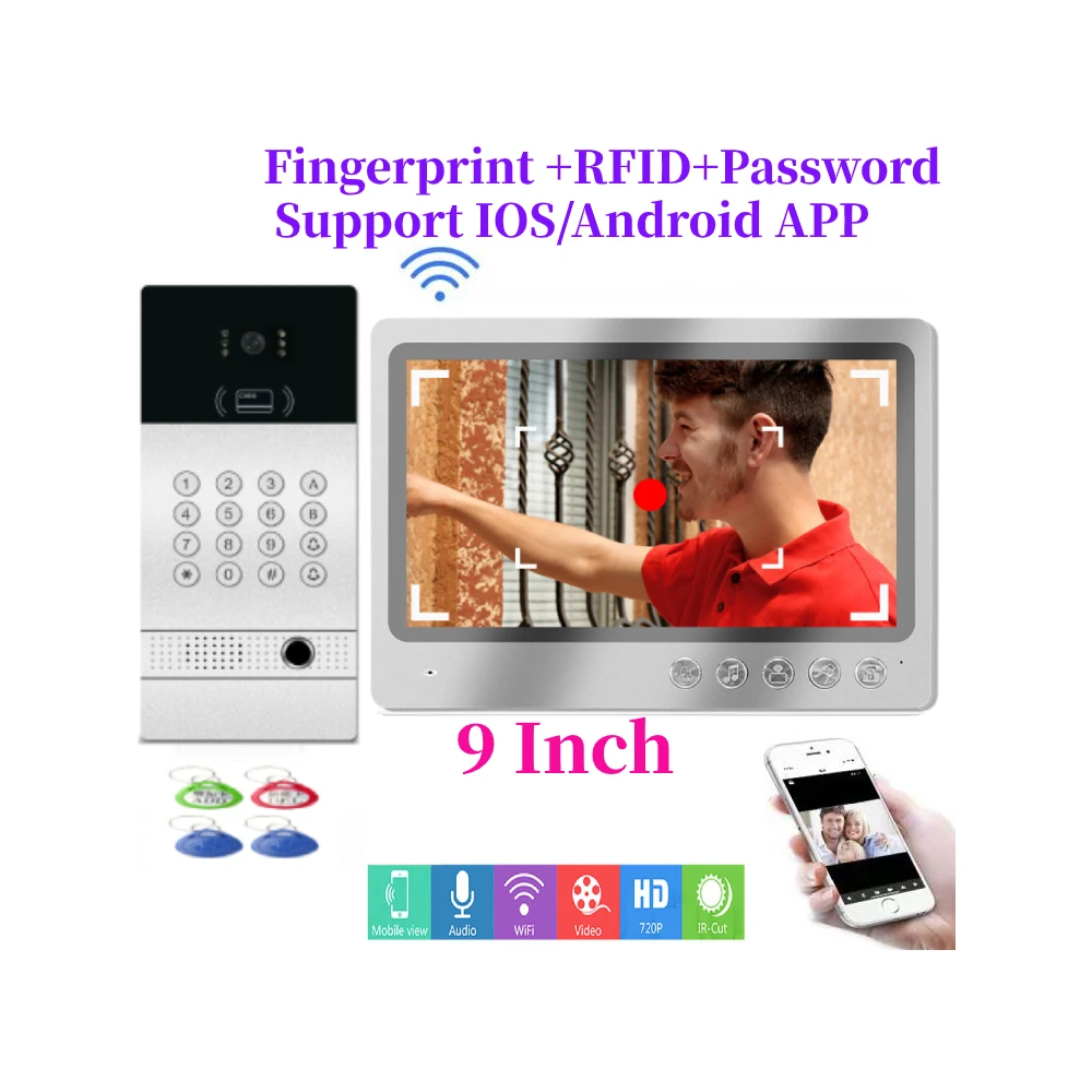 

WiFi Video Doorphone Doorbell Intercom 7 Inch Monitor With Fingerprint password Camera APP/Swipe Card Unlock