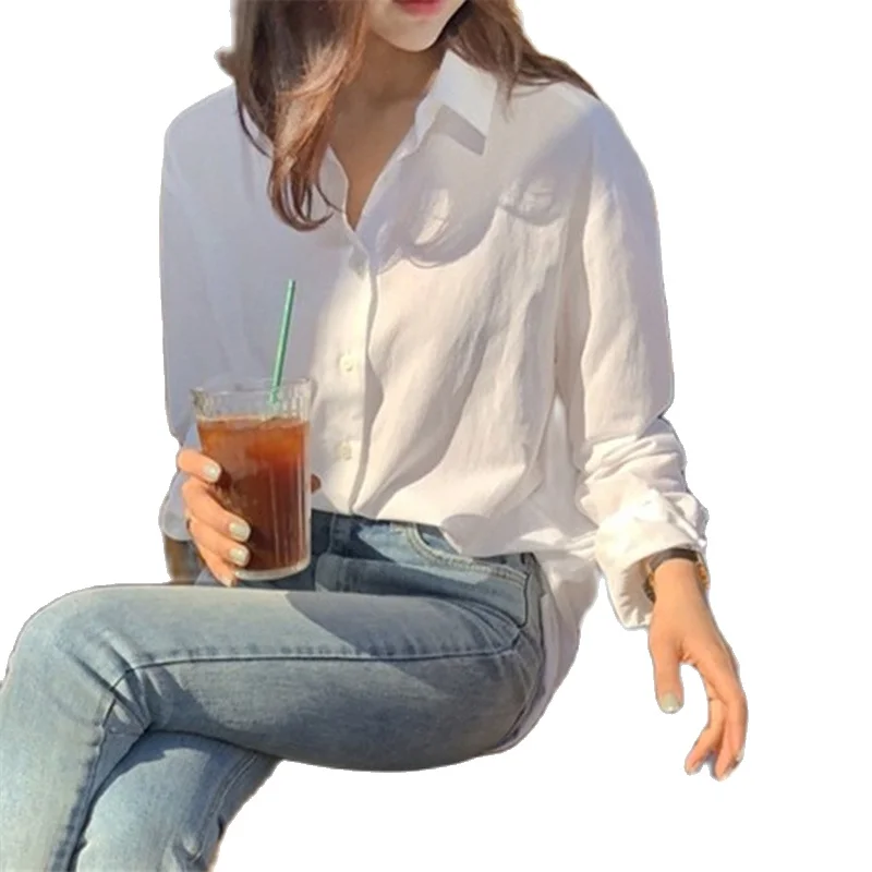 

White Shirts For Women Slim Turn-Down Collar Long-Sleeved Office Lady All Match Solid Buttoming Tops