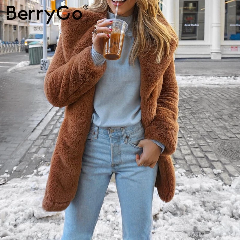 BerryGo теплое пальто из искусственного меха зимнее женское Элегантное мягкое