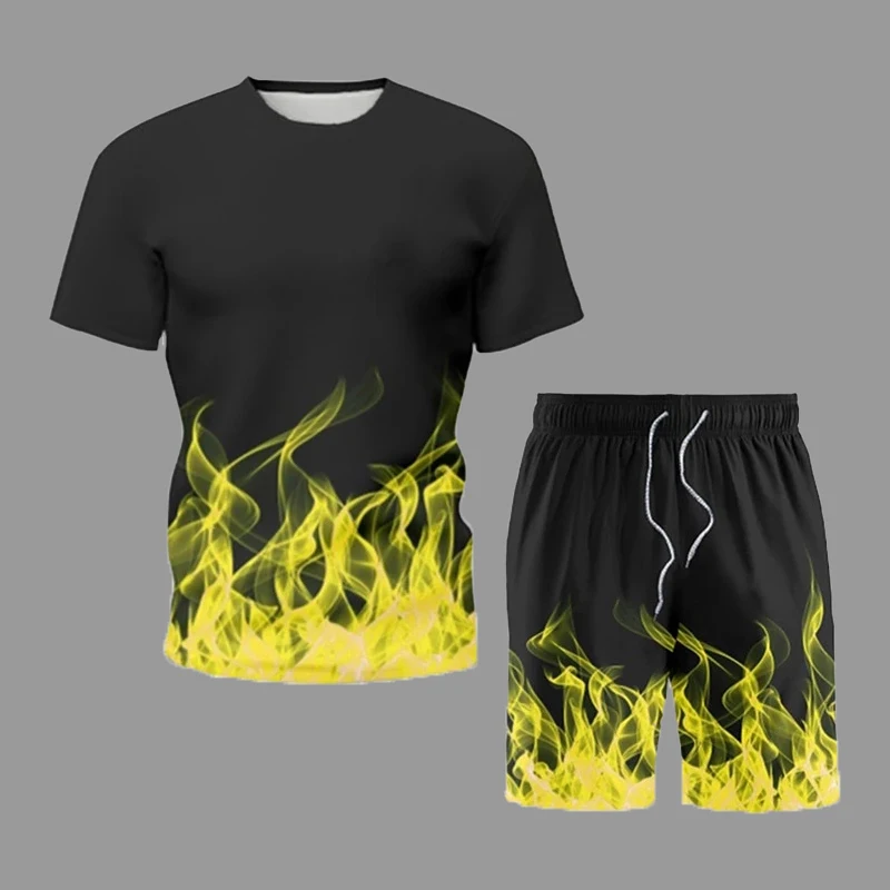 Men's T-Shirt Shorts Sets Summer Hot Sell Yellow Flame 3d Printed Short Sleeve Set Male Female Tracksuit Suit 2021 Casual Wear