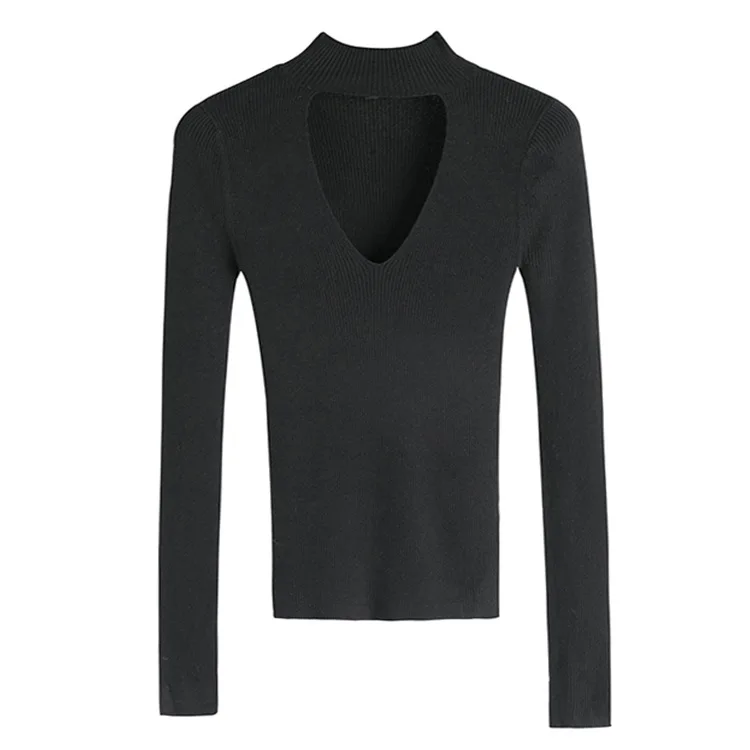 Тонкий свитер в рубчик с чокером женские трикотажные топы вырезами | Женская