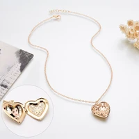 gold silver color hollow heart locket pendant necklace for women men fashion openable photo frame necklace couples gift