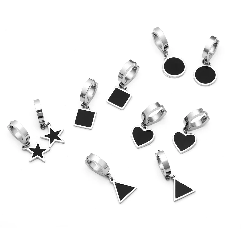Серьги-подвески с черной эмалью и звездой для женщин серебряные из нержавеющей