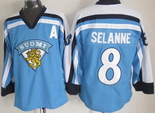 

Finland Suomi 27 Teppo Numminen 8 TEEMU SELANNE MEN'S Hockey Jersey Embroidery Stitched Customize any number and name