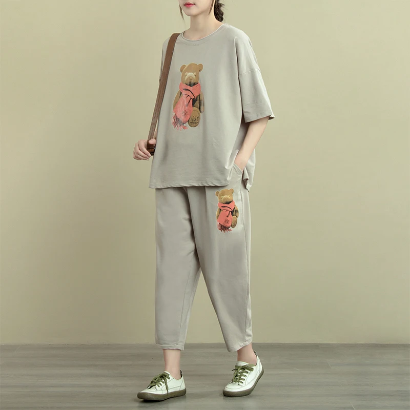 

5XL 2021 Summer Plus Size Two-Piece Female Printed T-Shirt + Elastic Waist Nine-Point Pants Casual Loose Fashion Suit Women 318