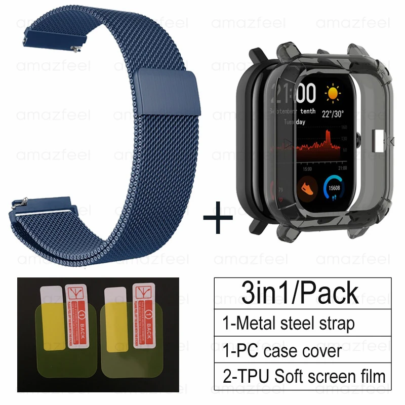 blue-black 3в1 Для Amazfit GTS ремешок+ ТПУ чехол для Huami Amazfit gts Smartwatch Защитная пленка для экрана браслет ремешок на запястье - Цвет: blue-black