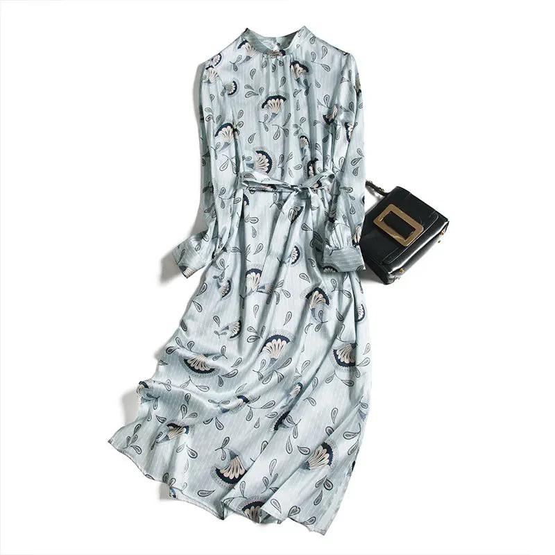 

Mayabee High-quality Stand-up Collar Heavy Silk Satin Blue Floral Woman Dress Long Skirt Belt 2021 Spring New
