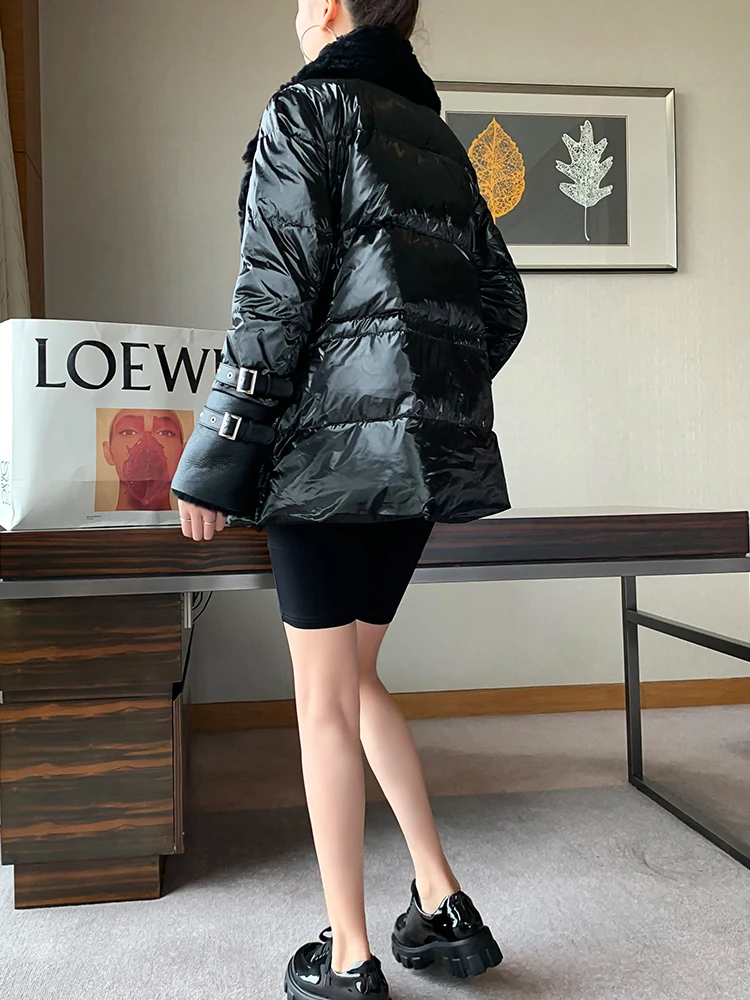 100% Натуральная овечья кожа пальто женский зимний большой меховой воротник