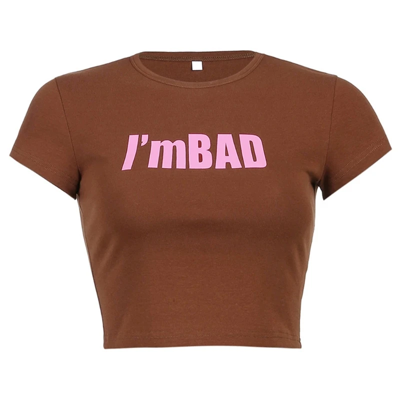 

2021 New Women Short Sleeve O-Neck Crop Top Pink Letters Print Basic Casual Slim T-Shirt