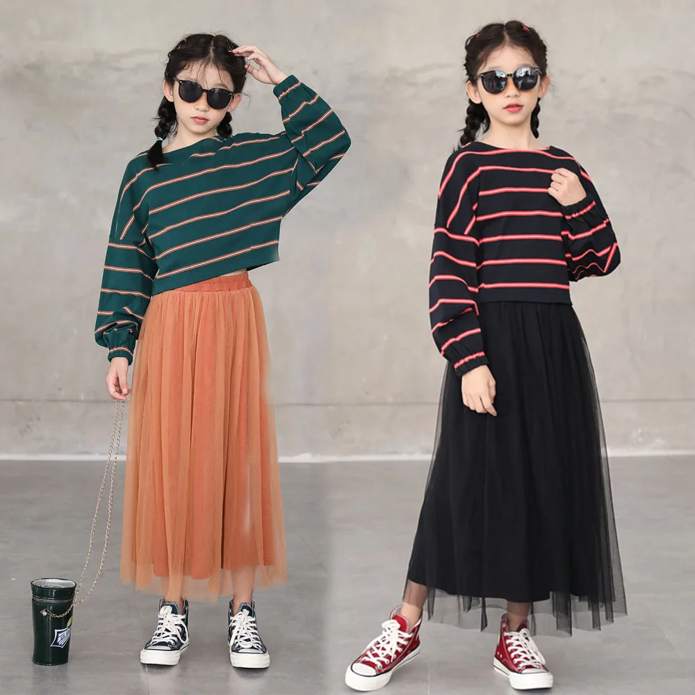 

Girl Dress Sets Autumn Casual Stripe Sweatshirt Skirt Two-piece Suit Kids Clothes Green Teenager Sportswear Children Clothing