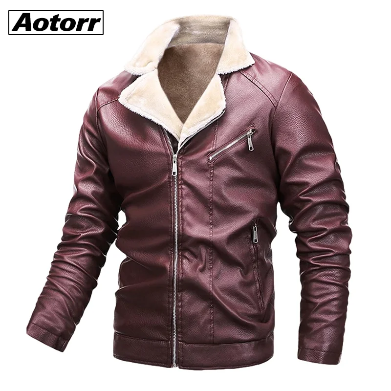 

Men's Thicken Fleece Faux Jackets Fashion Motorcycle Men PU Leather Jacket Winter Warm Casual Lapel Mens Solid Color Outwear New
