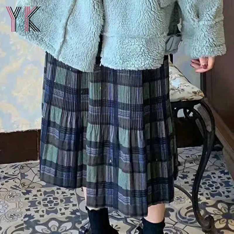 

Женская плиссированная юбка в японском стиле, длинная клетчатая юбка А-силуэта с высокой эластичной талией, одежда для улицы, Осень-зима 2021