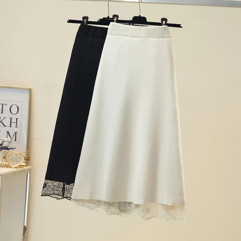 

2021 autumn and winter new Korean knitted lace a-line skirt For women high waist two sides wear black large swing skirts female