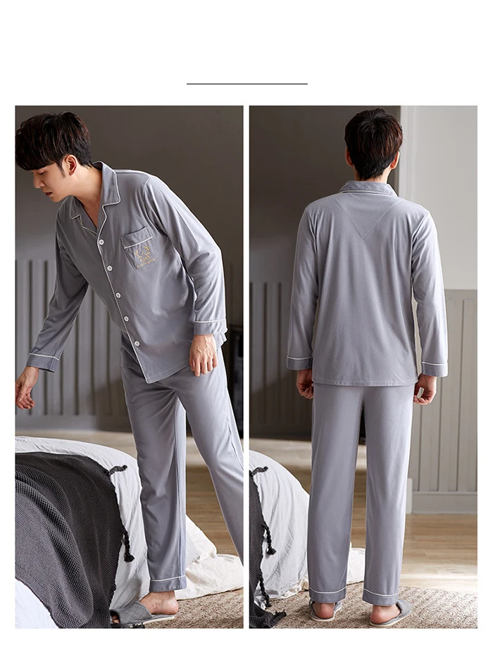 Men Pyjama Set 100% Cotton Spring Long Sleeve Print Men Pajama Suit Autumn Nightwear Collar Pijama Male Sleepwear Two Piece XXXL mens short pjs