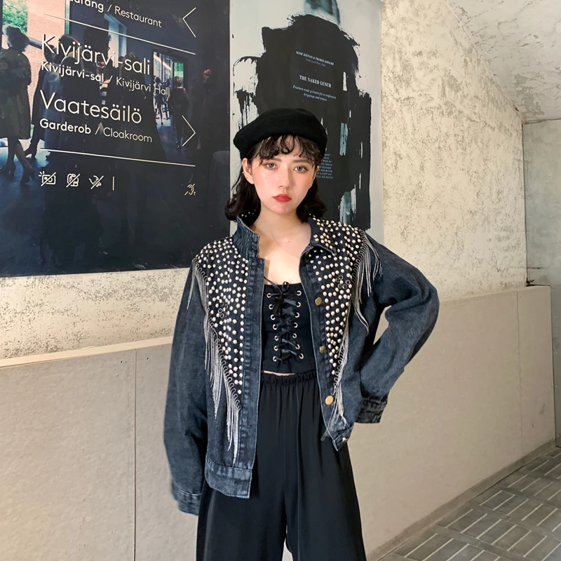 New Women Autumn Hand-studded Rivet Tassel Chain Short Jeans Coat Woman's Loose Jacket Coat Fashion Streetwear Denim Jacket