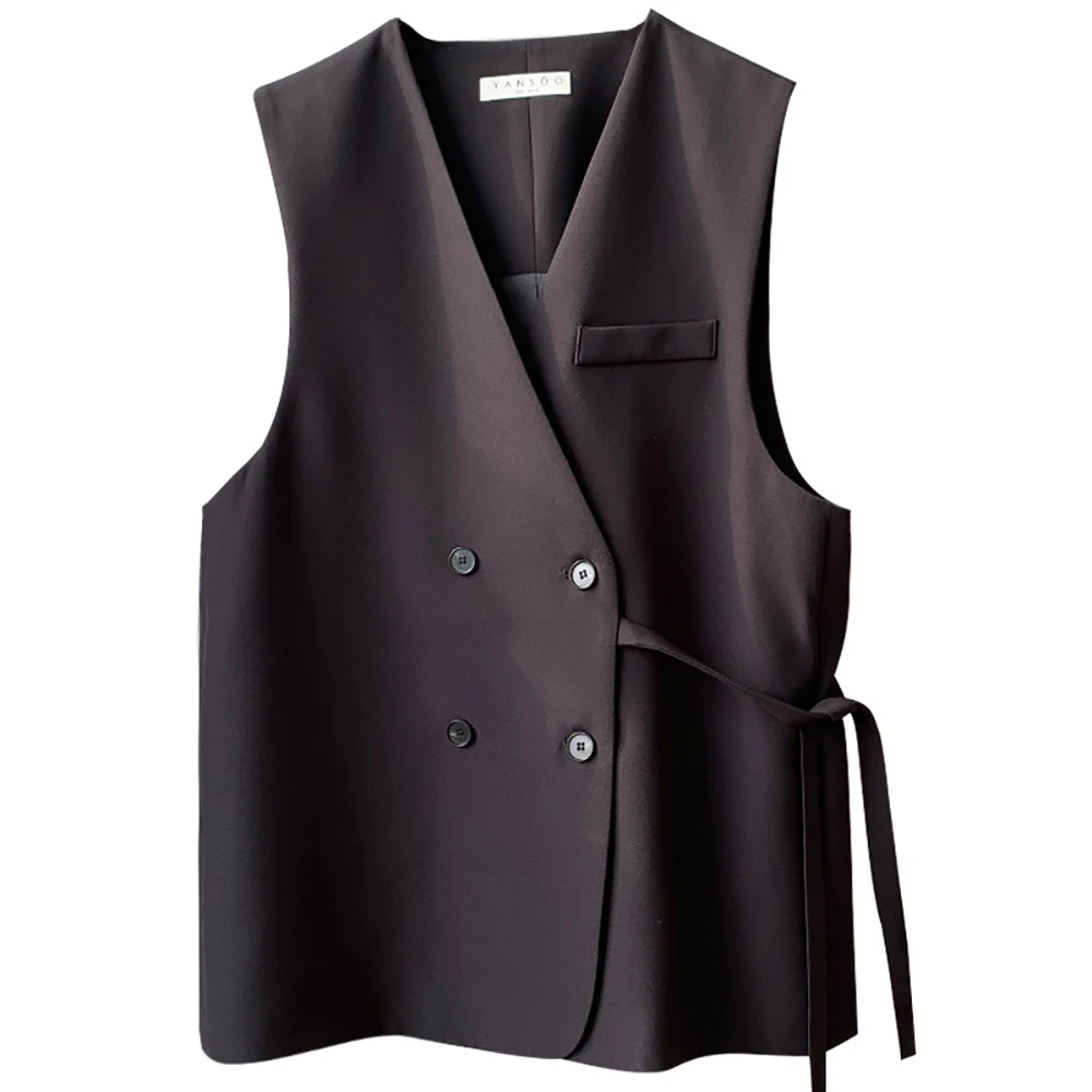 Autumn 2019 New Office Lady Casual Vest Women Broadcloth Cotton V Neck Elegant Double Breasted Sleeveless Blazer Solid Waistcoat | Женская
