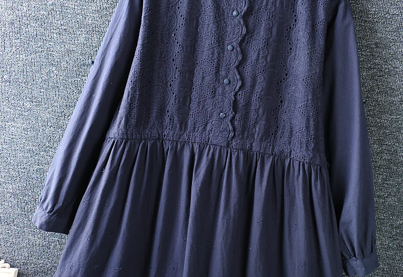 

Japan Style Mori Girl Women Literary Dress Fresh Hollow Embroidery Stand Collar Long Sleeve Solid Color Cotton linen Dress