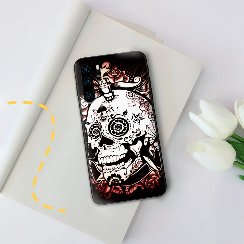 Череп татуировка в форме цветка Чехлы для мобильных телефонов huawei P10 P20 2019 M10 M20 M30 S6