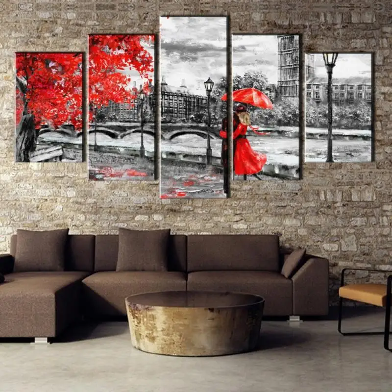 

5 Panel Canvas Painting Wall Art London Clock Tower Street Red Tree Couple Picture Home Decoration For Living Room Bedside Mural