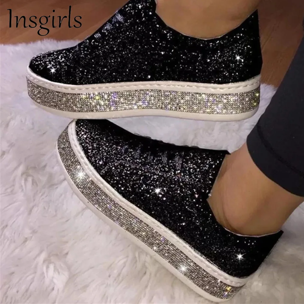 

Модные женские кроссовки Стразы 2021 всесезонные повседневные блестящие женские удобные повседневные туфли на шнуровке Большие размеры 35-42 ...