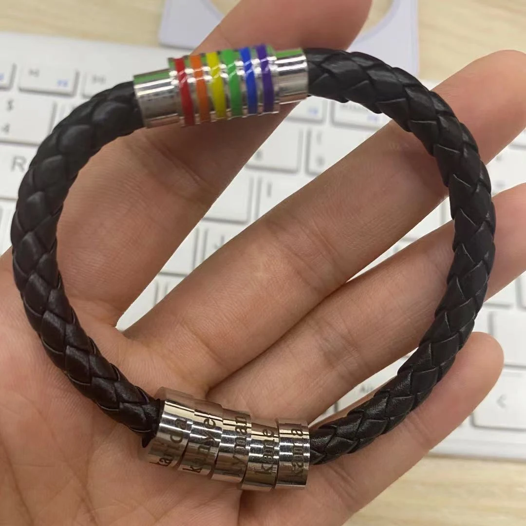 

Personalized Custom Charm Bracelets Magnet Rainbow LGBT Pride Handmade Black Braided Leather Weave Rope Jewelry For Man Woman
