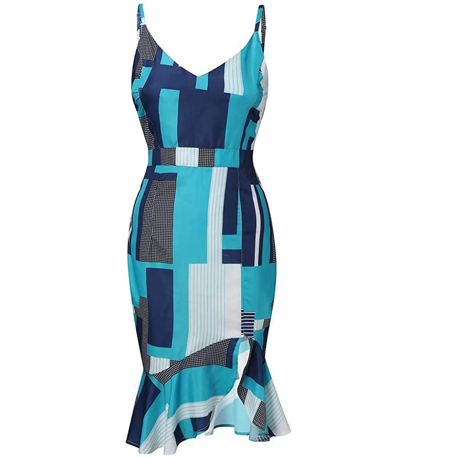 

Women's print bodycon dress Women V-Neck Sleeveless Ruffle Low-cut Splicing Printing Slit Sling Dress off shoulder dress