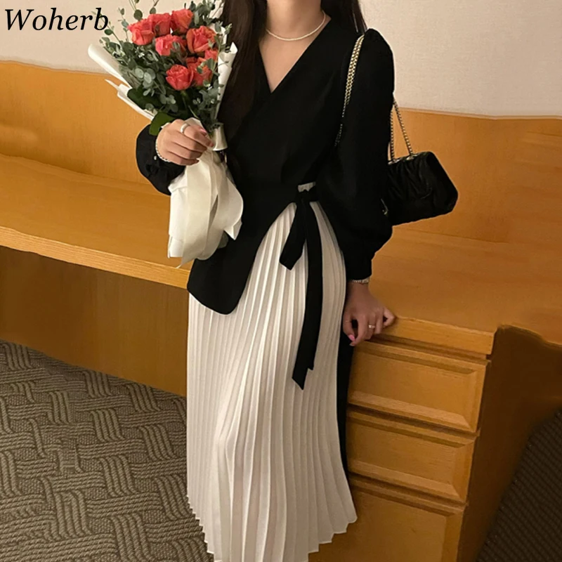 Woherb корейское элегантное темпераментное платье с V-образным вырезом и