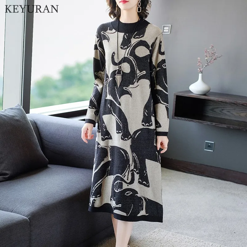 Осенне зимнее женское жаккардовое платье свитер с высоким воротником женский
