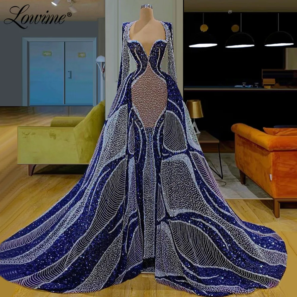 Женское вечернее платье с блестками длинное синее для выпускного вечера от кутюр