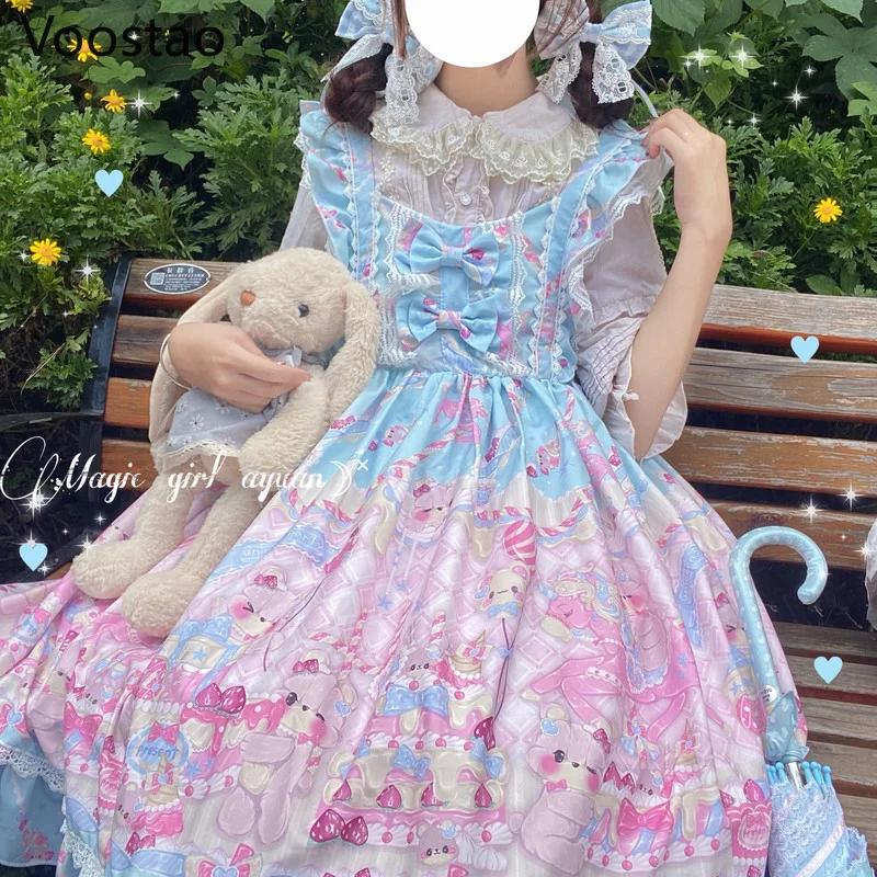 

Japanese Sweet Lolita Jsk Dress Women Victorian Vintage Bear Dessert Party Sleeveless Dress Girls Gothic Lace Bow Princess Dress
