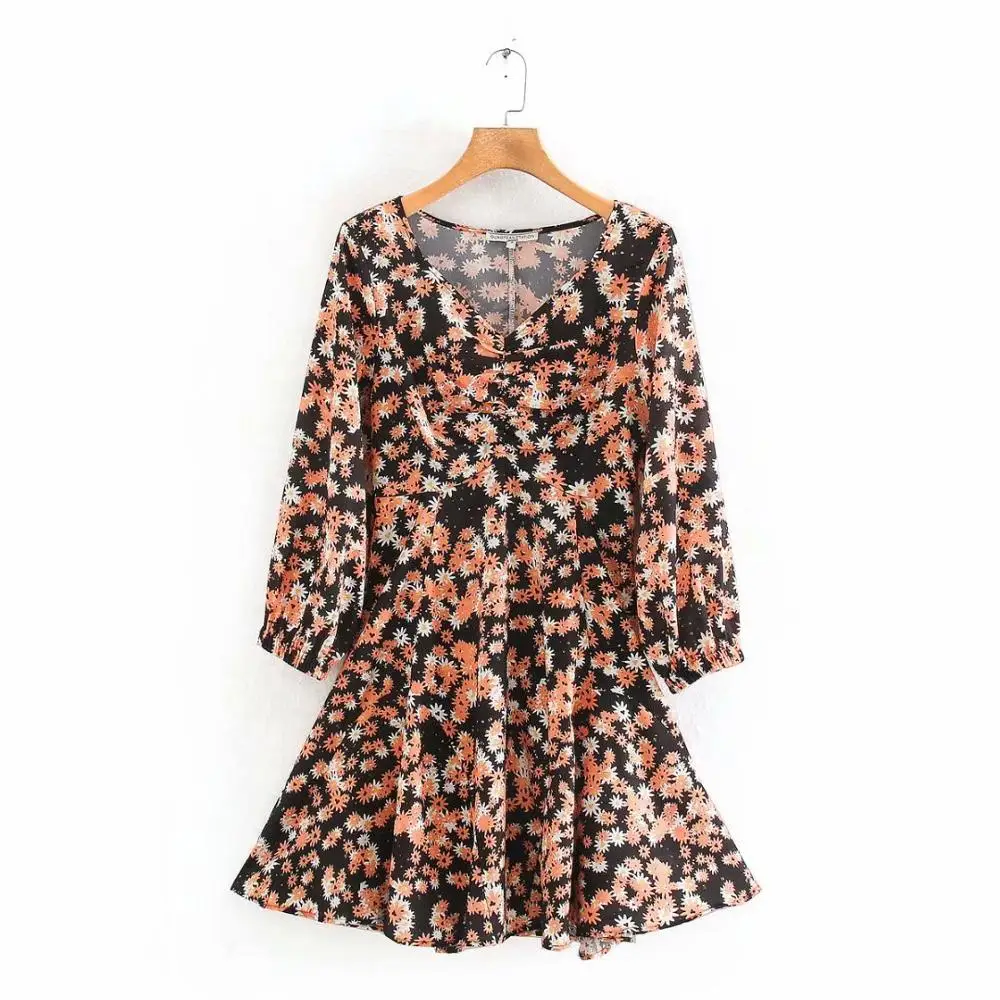 2020 Новое Женское винтажное Плиссированное повседневное тонкое мини платье с v