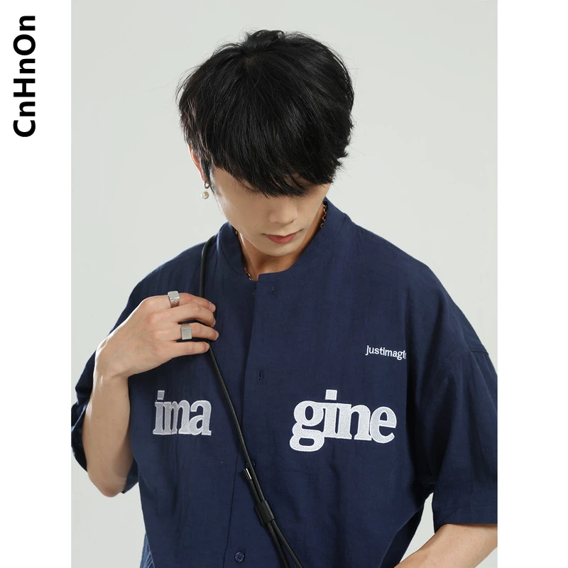 

Spring and summer new products Korean style loose letters embroidery personality trend short-sleeved shirt men M6-A-ZB02