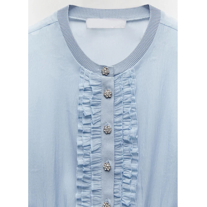 

Casual O Neck Sweaters Women Fashion Cascading Blue Sweater Women Elegant Perspective Organza Sweaters Female Ladies