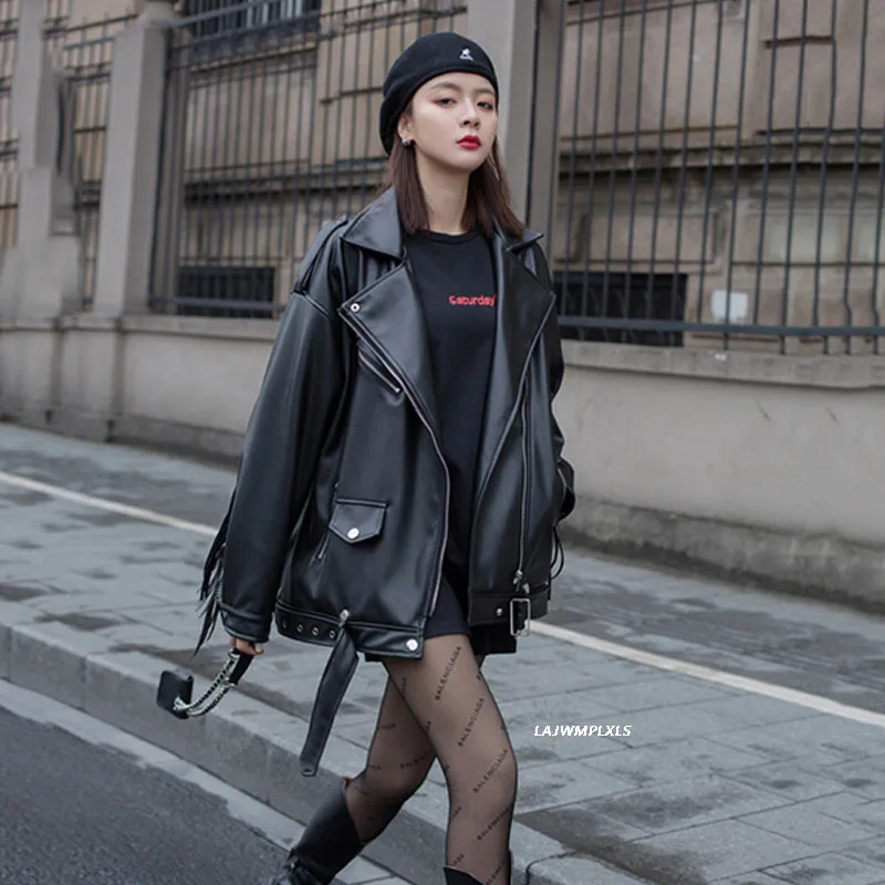 

2021 New Spring Black Streetwear Women loose Tassel Faux PU Leather Jacket Chaqueta Mujer Autumn Coat Casual Jaqueta de couro