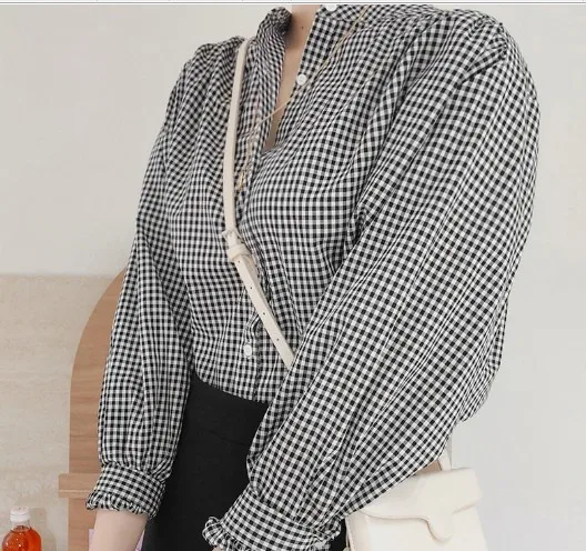 Рубашка в синюю клетку с круглым вырезом летняя Женская Повседневная белая