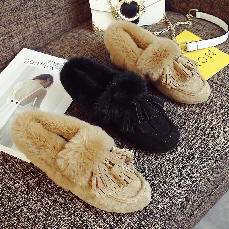 

Winter Flats Shoes Women Square Toe Rabbit Fur Loafers Casual Slip on Shoes Fringe Fur Slides Big Size Zapatos Mujer Black Khaki