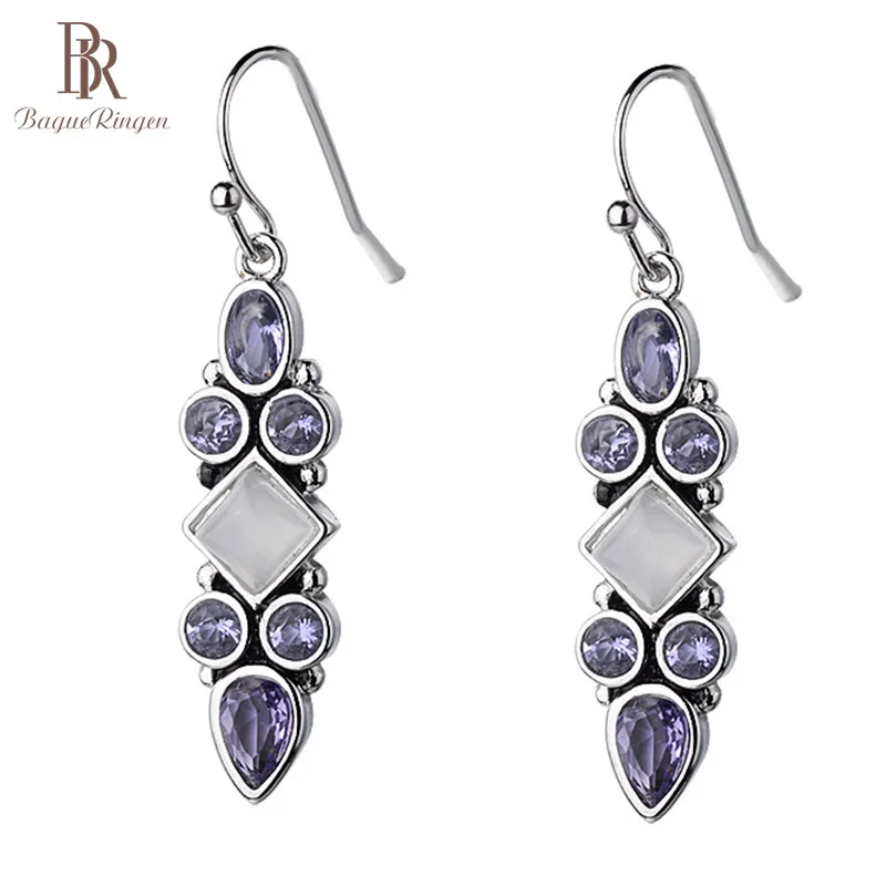 Серебряные серьги Bague Ringen винтажные тайские 925 года с лунным камнем фиолетовая