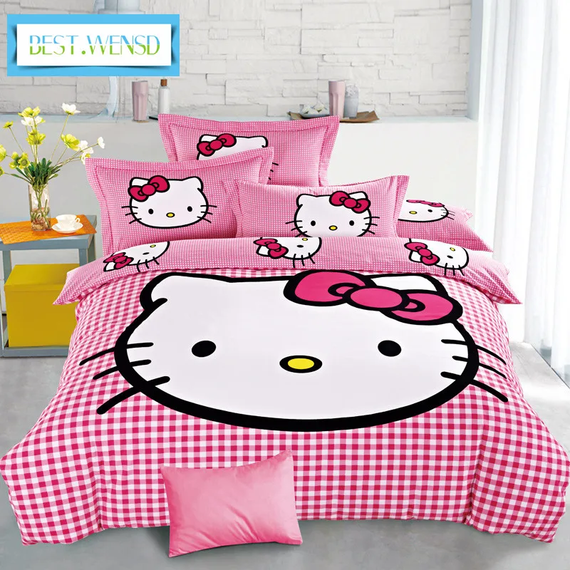 Лучший. WENSD роскошный 3d постельное белье из хлопка с рисунком «hello kitty» 3/4 шт., простыня, пододеяльник, со шнурком, комплекты «king», «queen» Детская мультяшная одежда