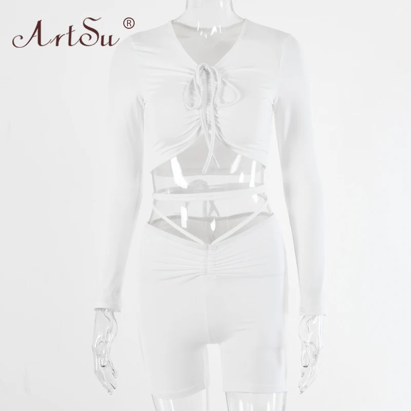 

ArtSu Bodycon Ruched Activity Outfits Female V-Neck Lace Up Crop Tops And Biker Shorts Solid 2 Piece Set Woman Bandage Tracksuit
