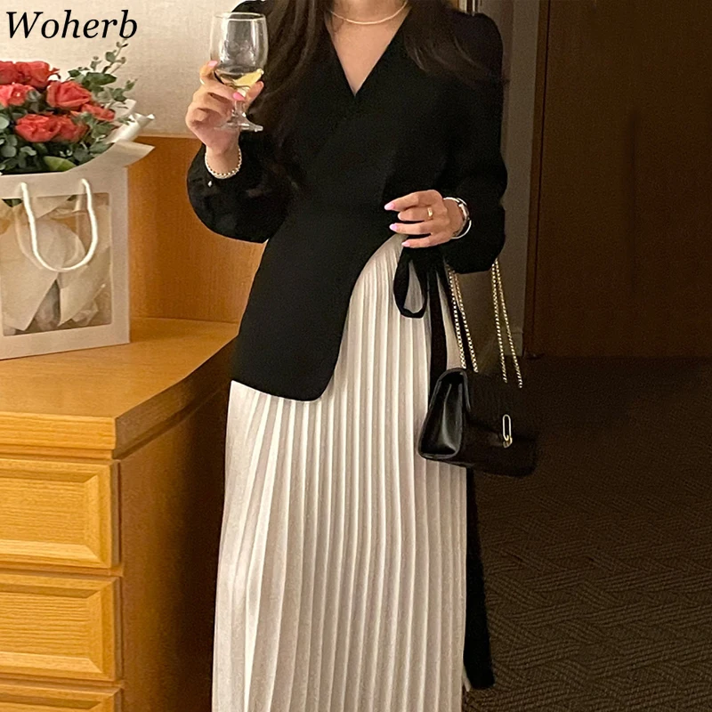 Woherb корейское элегантное темпераментное платье с V-образным вырезом и