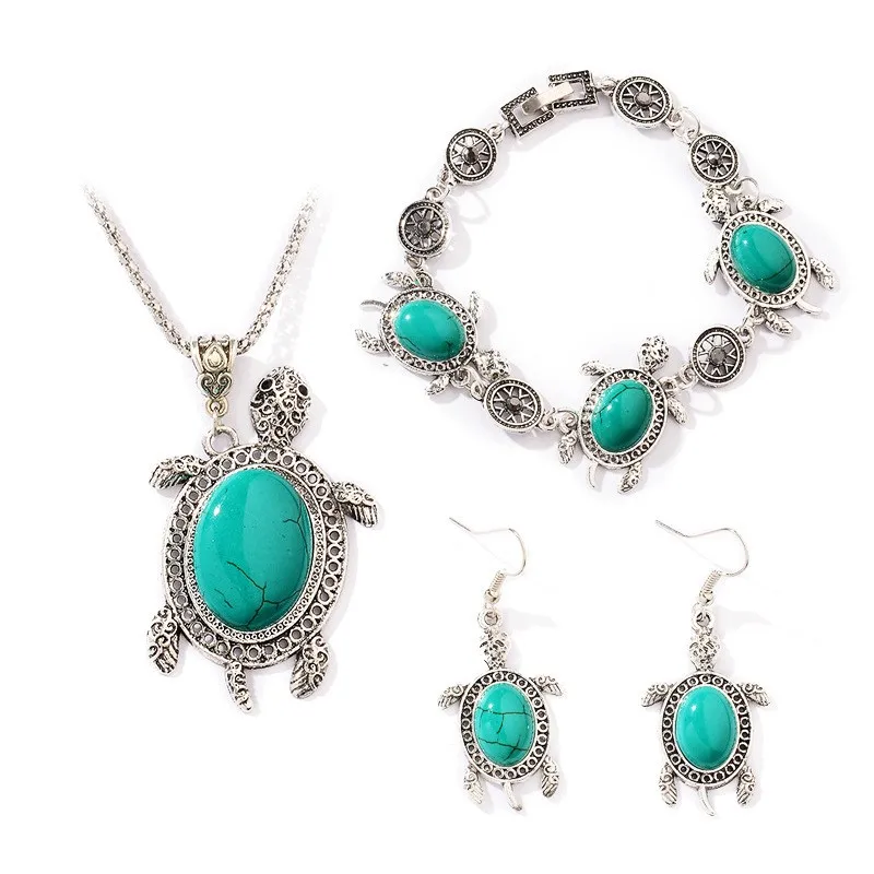 

2021New Fashion Turquoise Jewelry Sets For Women Retro Animal Earrings Wedding Bridal Dubai Necklace Jewelery Costume Bracelet