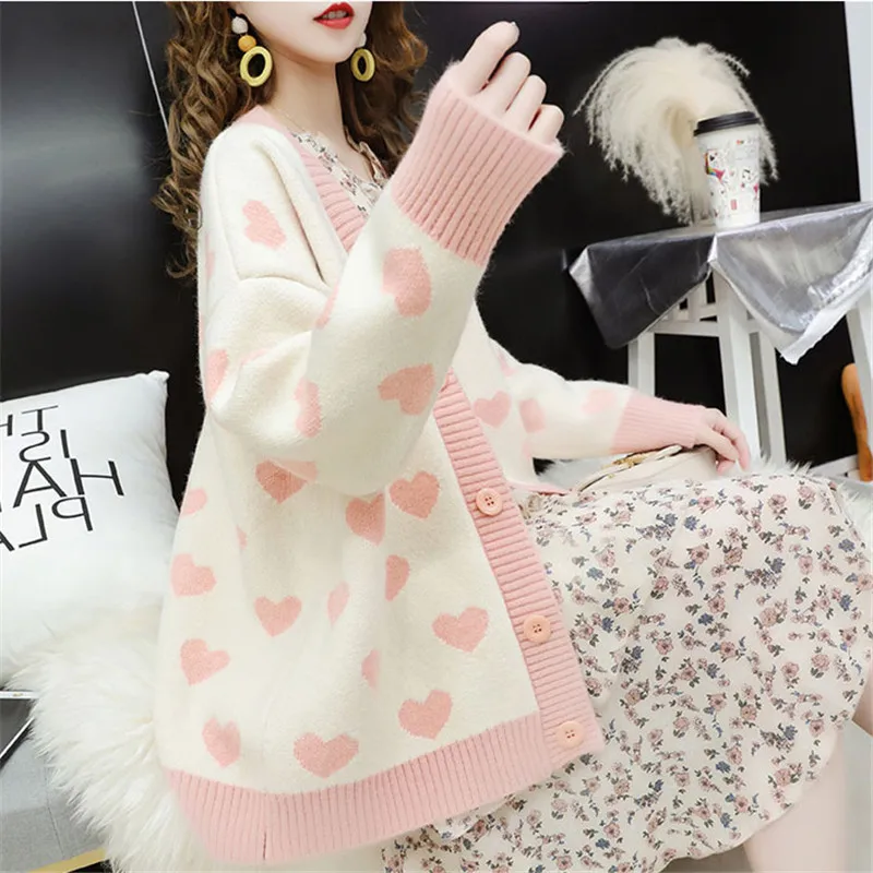 

Sweater women pink white heart print loose knitted cardigans 2021 autumn winter new sweet long sleeve sweaters feminina