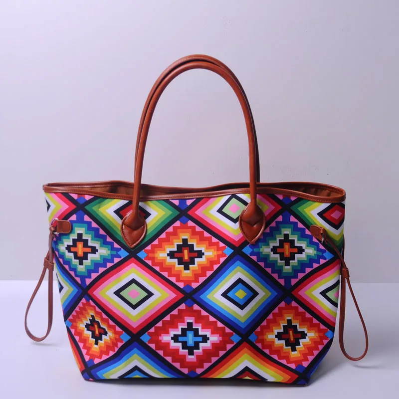 colorful aztec Леопардовая полосатая женская сумка, коровья кожа, холщовая Повседневная сумка, женская сумка с двумя струнами,, DOM1068 - Цвет: colorful aztec