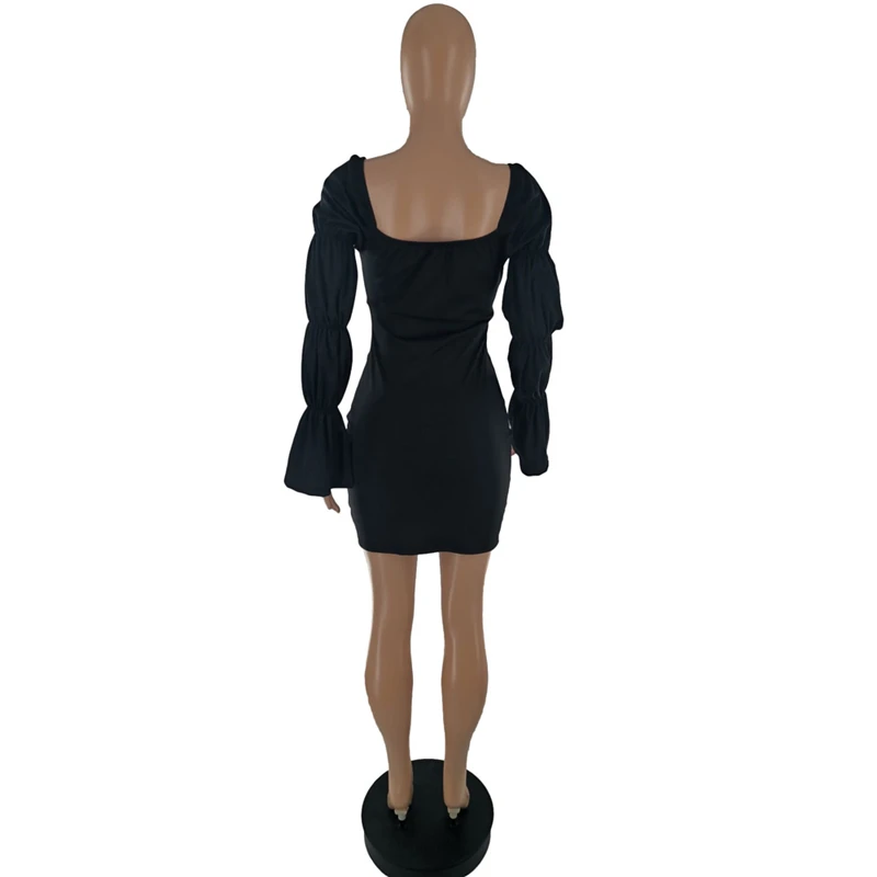 

RStylish 2021 Office Lady Streetwar Black Simple Bodycon Mini Dress Casual Long Puff Sleeve Low Cut Ruffled Short Sheath Dresses
