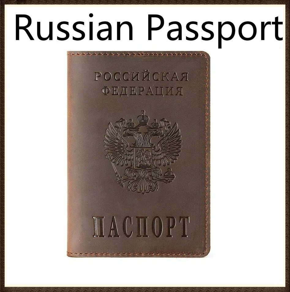 

Vintage Natural Crazy Horse Genuine Leather Russian Emblem logo Passport Cover Card Holder Business Bilingual Passport Case