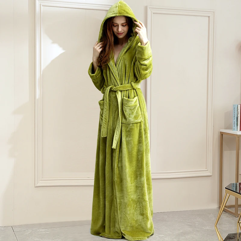 Women Grass Green Для мужчин зимняя теплая удлиненная куртка с капюшоном коралл, овечья шерсть, халат для ванной кимоно фланелевый банный халат ночной халат Для женщин одежда для сна - Цвет: Women Grass Green