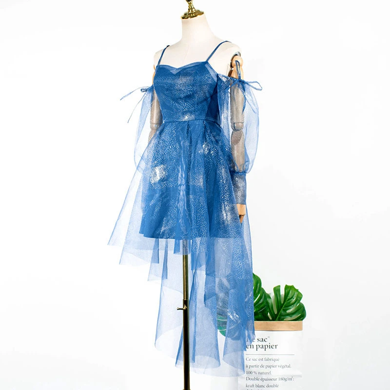 Женское платье без бретелек синее Сетчатое на бретельках с открытыми плечами IU Lee