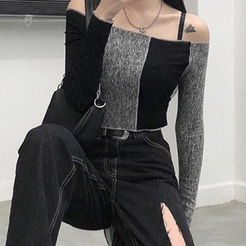 

Knitted Patchwork Slash Neck Cropped Top Women Korean Style Long Sleeve Slim T-shirts Casual Basic All-match Pullovers Iamhotty