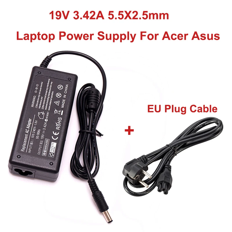 19V 3.42A Power Supply Adapter 5.5x2.5mm Laptop Charger Adapter AC Adapter with Cord Cable for Acer Asus A43E X43BU S-7200