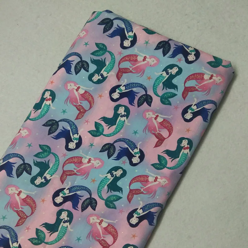 Изящная Радужная цветная блестящая хлопковая ткань с принтом русалки 50x100 см в